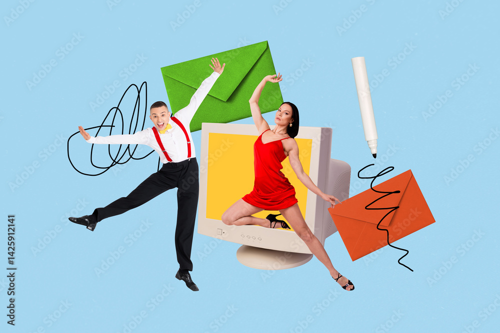 Fototapeta premium Trend template sketch 3D photo collage of passion rhythm studio elegance modern artistic young lady man dance obsolete computer display