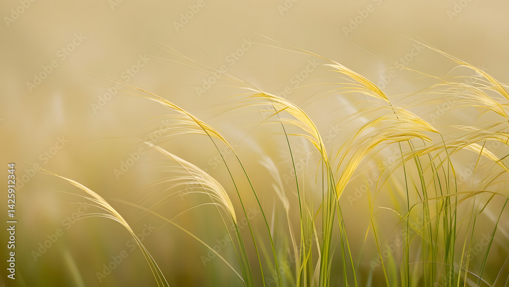 A serene and intimate portrait of Hairawn Muhly grass, with its delicate, silky awns swaying gently in the breeze, against a soft, creamy background that evokes a sense of warm sunlight.