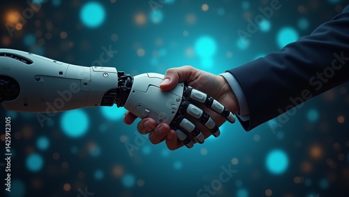Human-robot handshake symbolizes future collaboration, blurring lines of reality with technology and connecting different worlds together.