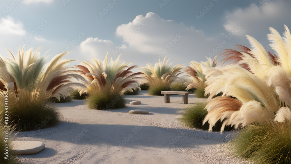 A serene small garden, bathed in soft, warm sunlight, featuring meandering gravel paths that gently curve around clusters of large ornamental grasses with feathery plumes in shades of golden yellow