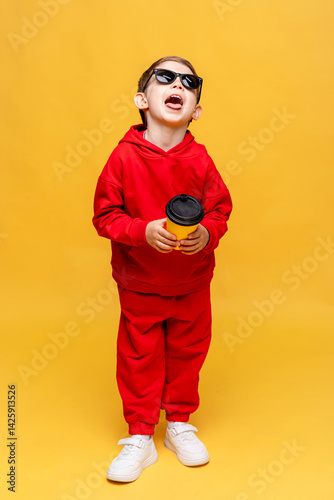 Obraz na płótnie Cool little boy 3-4 years old in red track sport suit and black sunglasses holding yellow paper cup in hand on yellow background. Take away coffee concept. Copy space. High quality photo w salonie