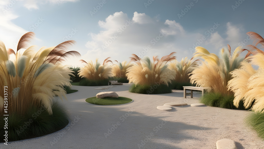 A serene small garden, bathed in soft, warm sunlight, featuring meandering gravel paths that gently curve around clusters of large ornamental grasses with feathery plumes in shades of golden yellow