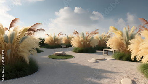 Obraz na płótnie A serene small garden, bathed in soft, warm sunlight, featuring meandering gravel paths that gently curve around clusters of large ornamental grasses with feathery plumes in shades of golden yellow w salonie