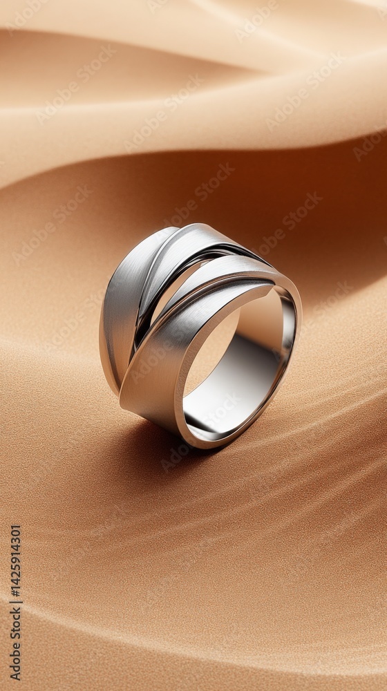 Fototapeta premium Geometric silver ring with intersecting lines on warm sand background