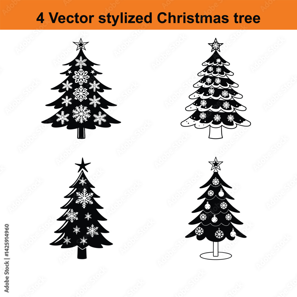 Obraz premium Christmas Tree Illustration,Minimalist Black and White Christmas Tree Icon 