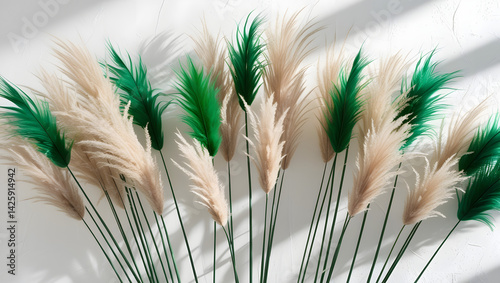 A tightly grouped arrangement of ornamental grasses, with delicate light beige and vibrant green feathery plumes, against a crisp, pure white background, with subtle shadows and gentle texture, evokin