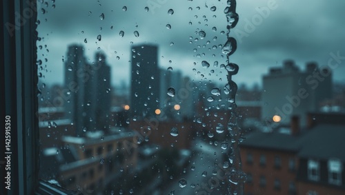 Urban skyline seen from a window during a rainstorm