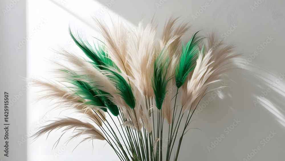 A tightly grouped arrangement of ornamental grasses, with delicate light beige and vibrant green feathery plumes, against a crisp, pure white background, with subtle shadows and gentle texture, evokin