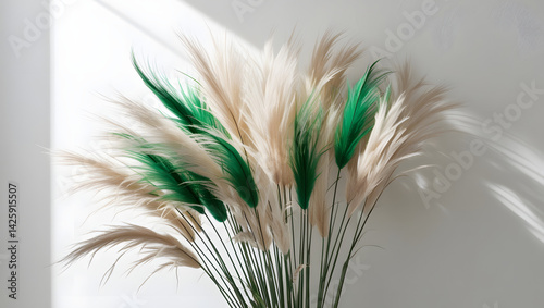 Obraz na płótnie A tightly grouped arrangement of ornamental grasses, with delicate light beige and vibrant green feathery plumes, against a crisp, pure white background, with subtle shadows and gentle texture, evokin w salonie