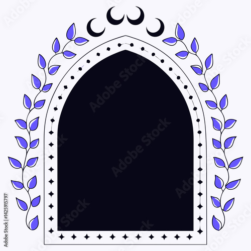 Luxury art deco Boho frame, crescent moons and leafy vines in shades of blue, perfect for artistic displays. Isolate on white background, commercial use