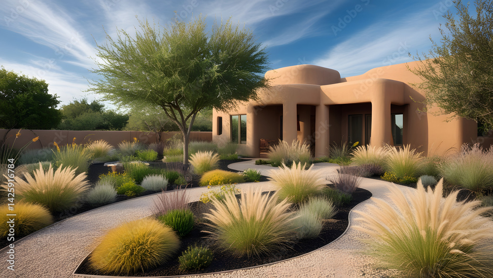 A serene and thriving contemporary garden surrounds an earthy adobe-style house in the heart of Texas, where ornamental grasses and native plants of varying textures and hues flourish in harmony
