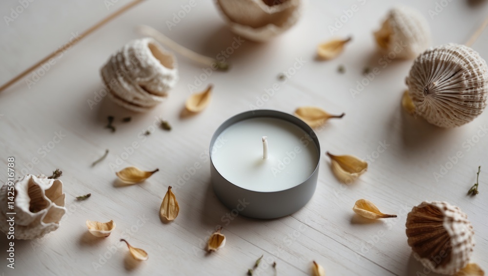 Candle and dry flower set against a white background with minimalist design elements Candle and dry flower set against a white background with minimalist design elements