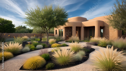 Obraz na płótnie A serene and thriving contemporary garden surrounds an earthy adobe-style house in the heart of Texas, where ornamental grasses and native plants of varying textures and hues flourish in harmony w salonie