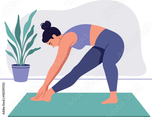 Woman stretching on yoga mat in home exercise routine with indoor plant vector illustration 