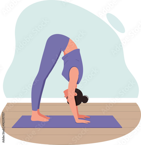 Woman practicing yoga in downward dog pose on purple mat indoors natural light health exercise 