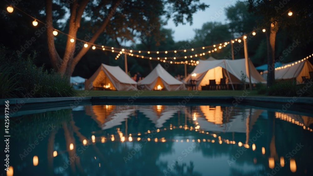 Fototapeta premium Camping party reflection background with pool
