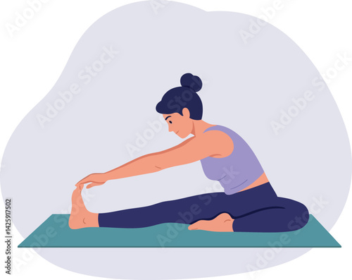 Woman stretching on yoga mat in casual wear indoor fitness and flexibility exercise 
