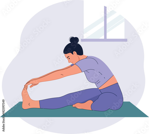 Woman stretching leg on yoga mat at home interior with window natural light vector 