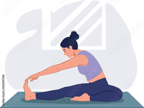 Woman practicing seated forward bend yoga stretch on mat indoors in calm environment 