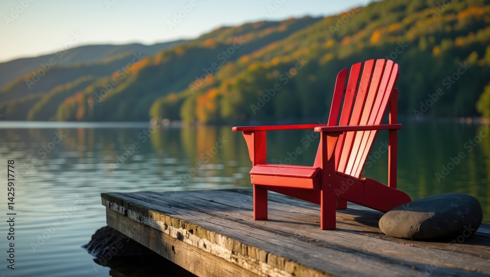Fototapeta premium Blue beach chair resting on a dock by the water during summer