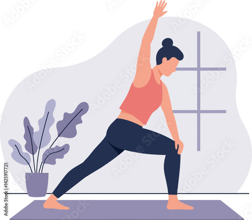 Woman practicing yoga stretching exercise indoors on mat with plant and window background vector illustration 