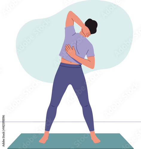 Man stretching back exercise on yoga mat in casual clothes vector illustration 