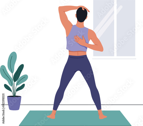 Woman practicing yoga indoors with plant and window in minimalist room vector illustration 