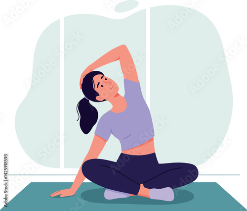 Woman practicing seated yoga stretch in casual workout clothes on mat indoors vector illustration 