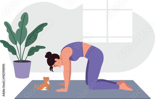 Woman practicing yoga with cat on mat in indoor setting with plant and window 