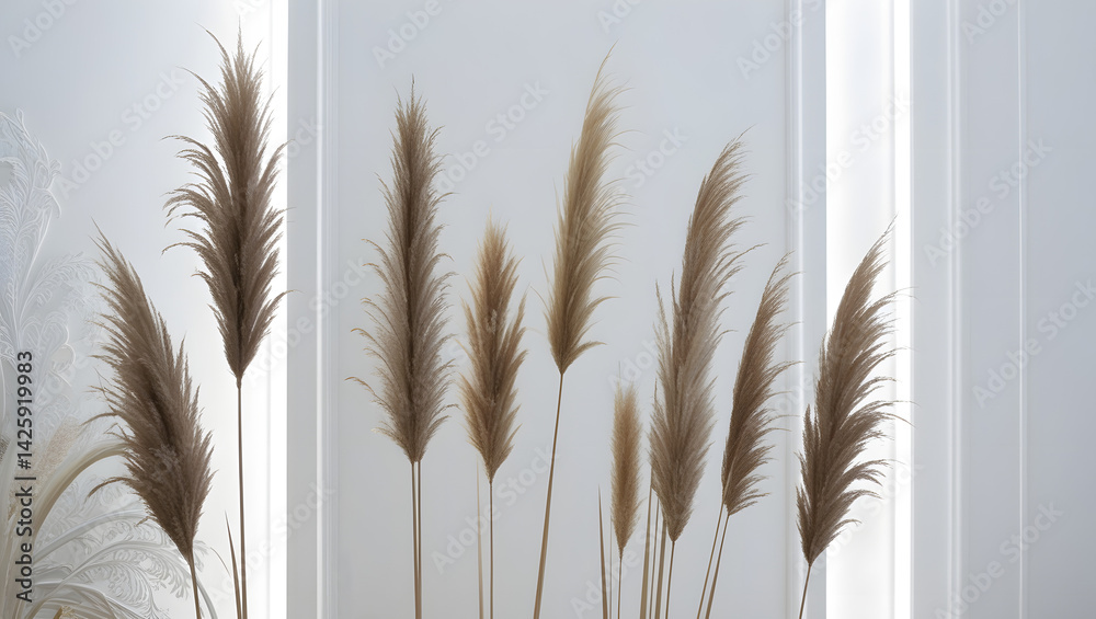Delicately textured, feathery plumes of ornamental grasses, varying in height and shape, stand upright against a crisp, stark white background, evoking a sense of serenity and elegance, accompanied