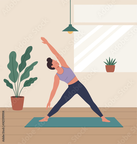 Woman doing yoga stretching exercise on mat in modern living room interior with plants and natural light 