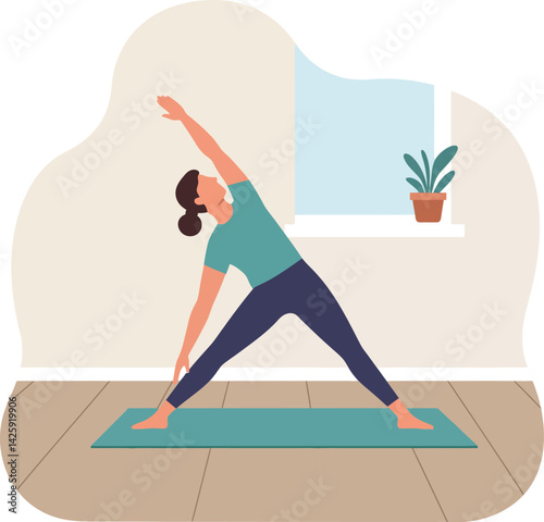 Woman practicing yoga indoors on mat stretching near window with plant vector illustration 