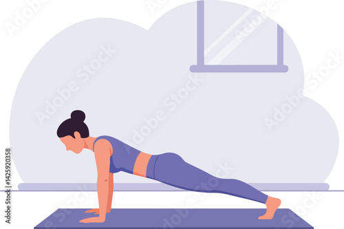 Woman doing plank exercise on yoga mat in home workout fitness routine 