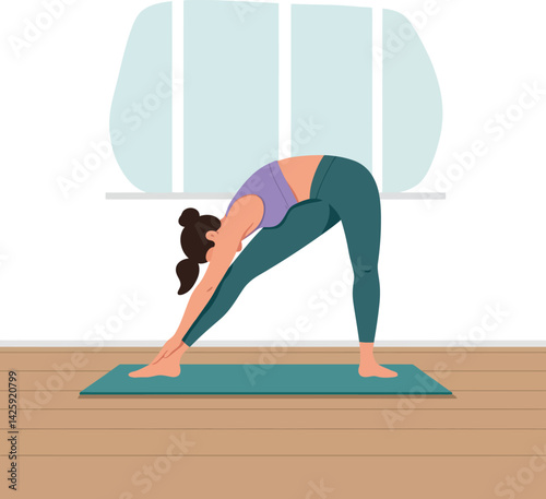 Woman practicing yoga in triangle pose on mat with natural light indoors 