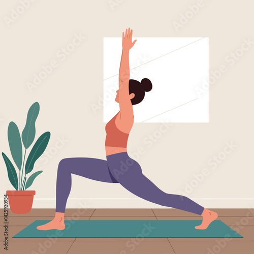 Woman doing warrior yoga pose in home interior with green plant and natural light 