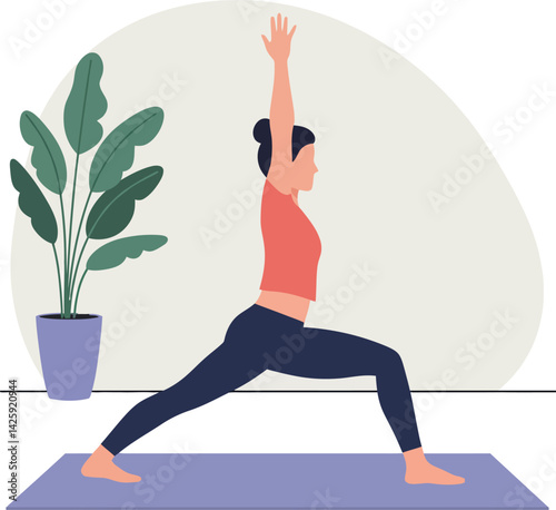 Woman practicing yoga warrior pose on mat with green plant indoors vector illustration 