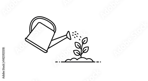 Watering Plant Icon - Simple Outline Illustration of a Watering Can Watering a Plant, Ideal for Gardening, Growth, or Nature Themes