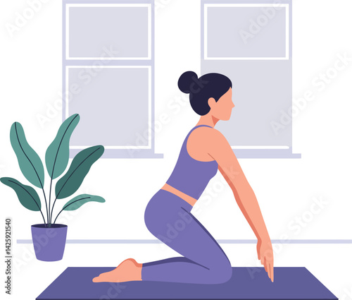 Woman practicing yoga kneeling pose indoors on purple mat with plant and windows 