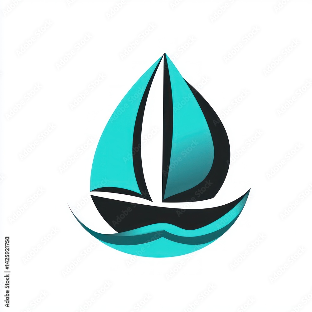 Teal sailboat icon, ocean wave, nautical design, website graphic Teal sailboat icon, ocean wave, nautical design, website graphic