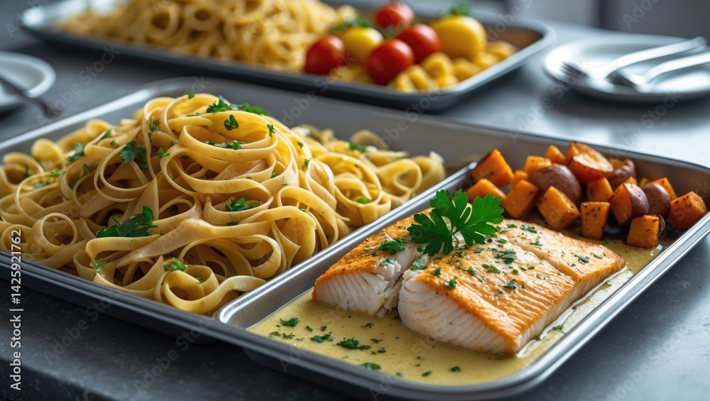 Close-up of hot pasta and baked fish dishes
