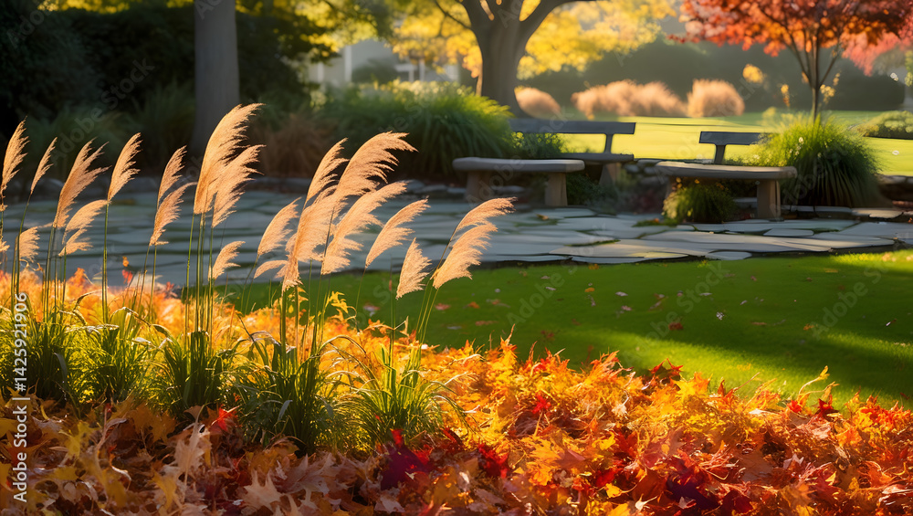 a serene and warm cinematic photograph of vibrant Autumn foliage, with ornamental grasses swaying gently in the soft breeze, set against a backdrop of a lush green suburban garden, with a meandering