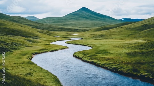 Serene mountain valley with winding river. Lush green hills and a clear river flowing through a tranquil valley