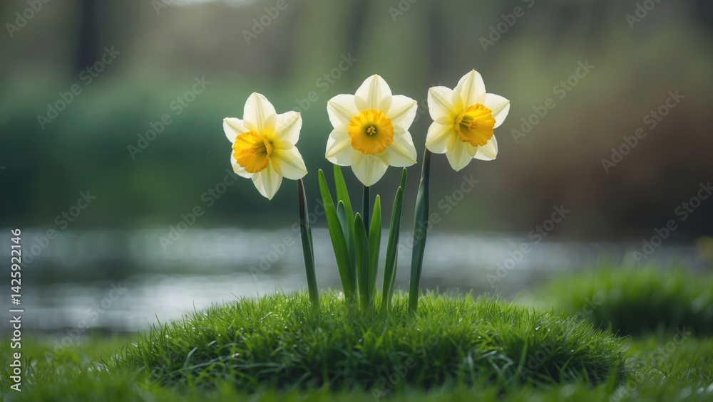 Obraz premium Close-up of three daffodils blooming on a mound