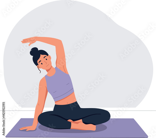 Woman Doing Side Stretch Yoga Pose on Mat for Fitness and Relaxation at Home 