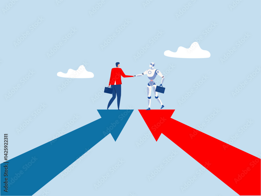 people with robot Cooperation partnership, work together for success, agreement businessmen handshake with robot on growth arrow joining connection agree to work together people with robot Cooperation partnership, work together for success, agreement businessmen handshake with robot on growth arrow joining connection agree to work together