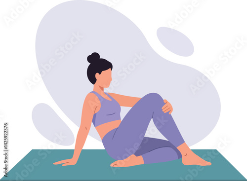 Woman practicing seated spinal twist yoga pose on mat in modern flat style vector 