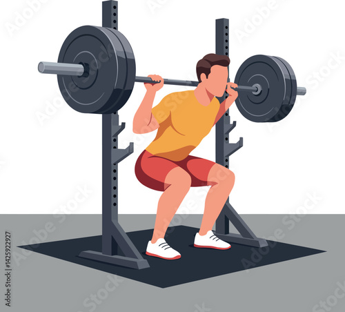 Man performing barbell squat exercise for strength training in gym vector illustration 
