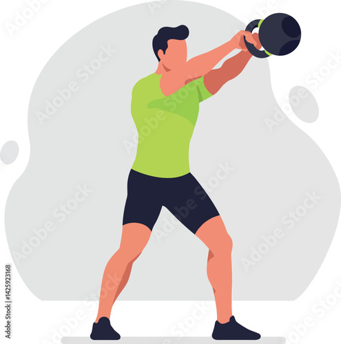 Man performing kettlebell swing exercise in green shirt and black shorts vector illustration 