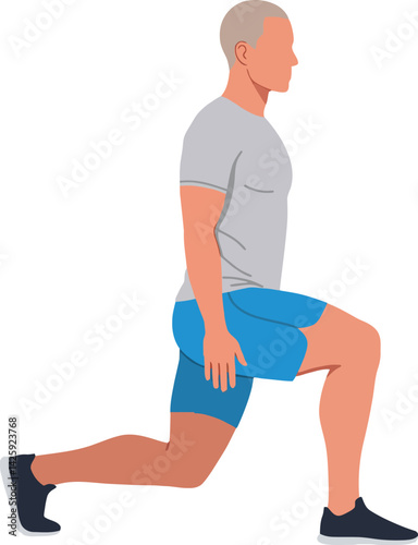 Man Performing Lunge Exercise in Fitness Workout Routine with Blue Shorts and Grey Shirt 