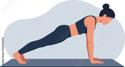 Woman doing plank exercise on yoga mat fitness workout vector illustration 